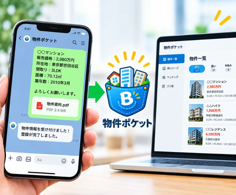 LINEに物件資料を転送すると、物件ポケットの台帳に登録される様子
