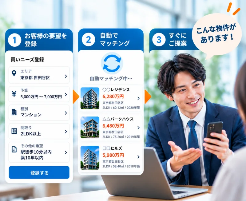 買いニーズを登録すると自動でマッチングし、その場で提案できる流れ