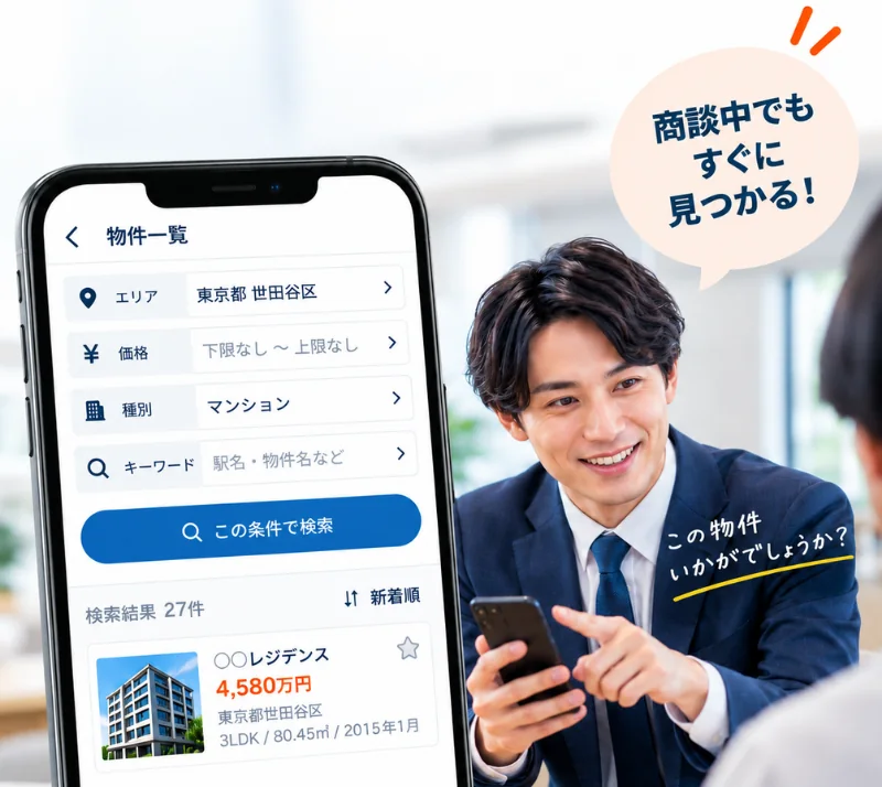 エリアや価格で物件を検索し、商談中でもすぐに見つけられる様子