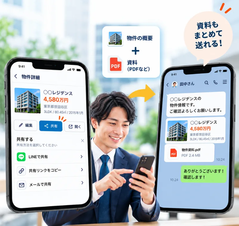 物件の概要と資料をまとめてLINEで共有し、相手に届く様子